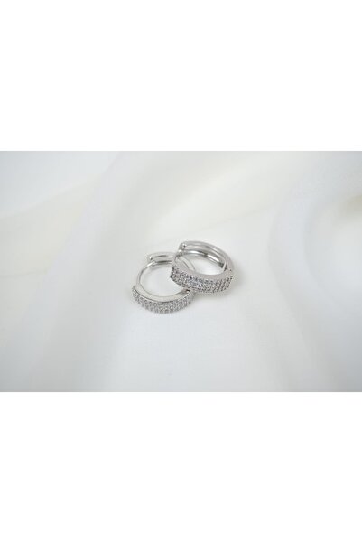 ATELİER TUĞBA Kp288 Three Row Zircon Stone Hoop Earrings Silver (Diameter 13 mm)