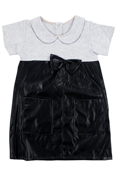 bebegen Κοριτσίστικο Γκρι Μαύρο Φόρεμα με Φιόγκο Δερμάτινο