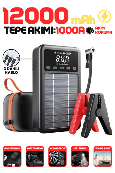 Enshall 4IN1 Solar Şarjlı 12000mAh Dahili Şarj Kablolu Powerbankli Akü Takviy...
