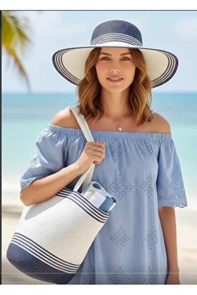 Bay Şapkacı Women's Striped Straw Beach Hat Bag and Sun Hat Set of 2 7031