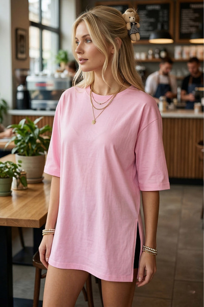 armonika Women's Pink Round Neck Double Sleeve T-Shirt with Sides Slit Cotton...