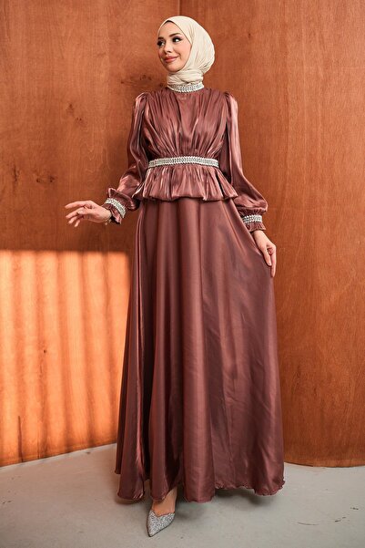 İmajButik Plum Waist, Flywheel Detailed, Stoned Janjan Satin Evening Dress
