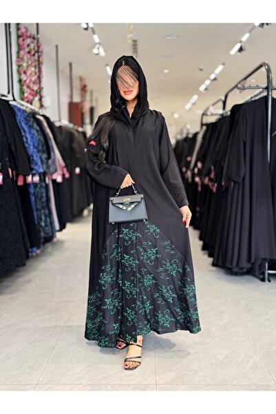 dar laha abaya D940 Abaya - Black Berry Fabric with Padded Lace - Green