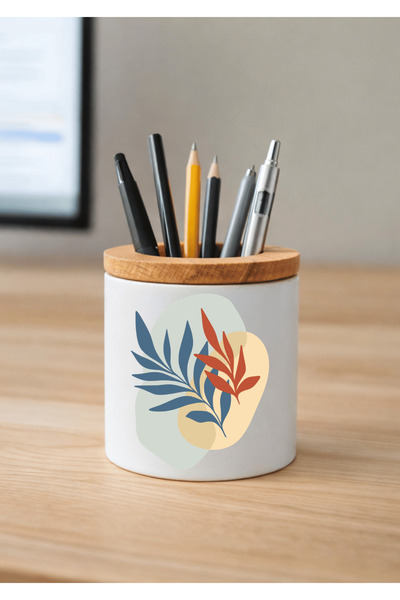 Eylül Design حامل أقلام سيراميك بتصميم بوهو مطبوع مع تفاصيل خشبية لسطح المكتب