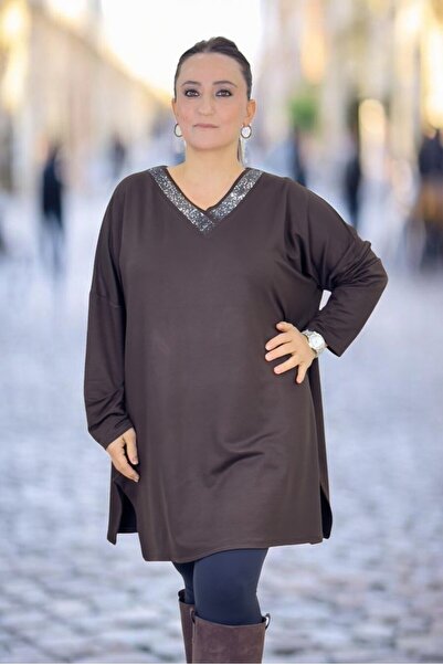 yagmurberen Stone Embellished V-Neck Slit Long Loose Fit Viscose Fabric Extra...