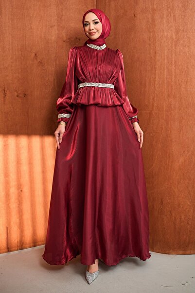 İmajButik Burgundy Beli Volan Detailed Stoned Janjan Satin Evening Dress