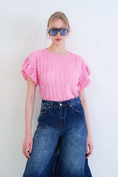 Trend Alaçatı Stili Women's Pink Crew Neck Knitted Blouse with Ruffled Sleeve...