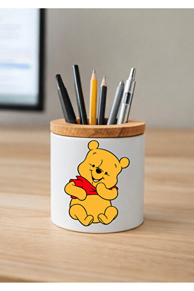 Eylül Design حامل أقلام سيراميك ويني ذا بوه مطبوع مع تفاصيل خشبية لسطح المكتب