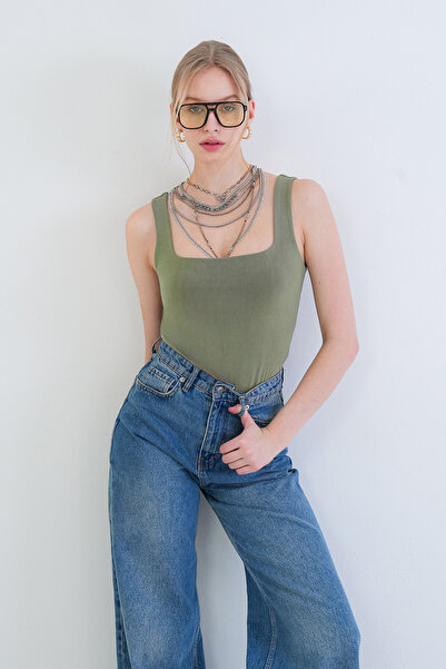 Trend Alaçatı Stili Women's Green Square Collar Spaghetti Strap Sandy Fabric ...