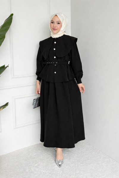 Tesettür Diyarı Σετ Τεσεττούρ από Ύφασμα Parin Tansel με Ζώνη - Μαύρο