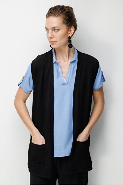 Desen Triko Γυναικεία Πλεκτά Ρούχα με Διακοσμητικό Τελείωμα Φούστας Γιλέκο Μαύρο