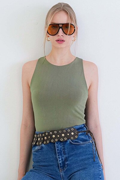 Trend Alaçatı Stili Bluză de damă verde cu bretele subțiri din țesătură Sandy...