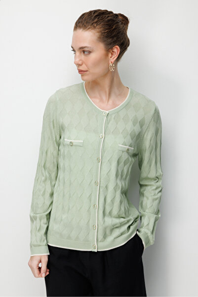 Desen Triko Women's Crew Neck Small Diamond Patterned Fine Knit Cardigan Dark...