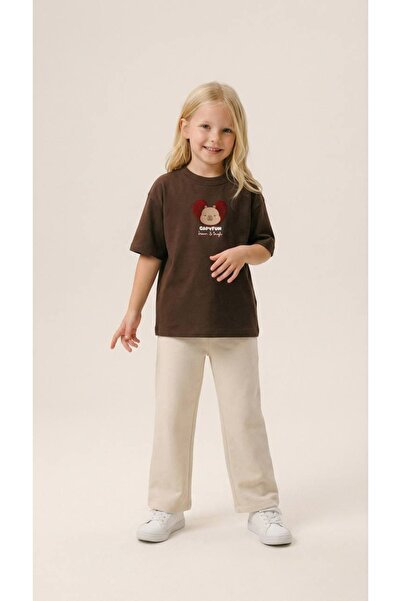 Little Miny Kids (Ages 5-14) Brown Capyfun Printed Crew Neck 100% Cotton Cott...