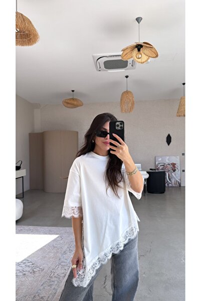 Buket Teke Tricou alb asimetric bumbac dantelă li