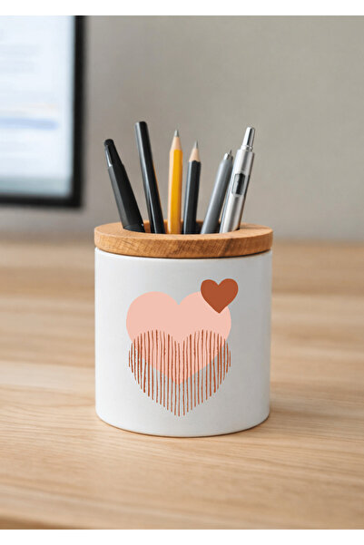 Eylül Design حامل أقلام سيراميك بتصميم بوهو مطبوع مع تفاصيل خشبية لسطح المكتب