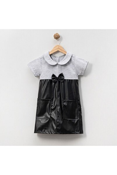 bebegen Rochie cu fundă piele gri și neagră pentru fete