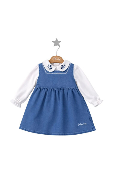 bebegen Baby Girl White Lace Collar Floral Embroidered Dress Set