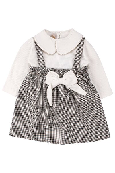 bebegen Baby Girl Ecru Brown Plaid Bowknot Salopet Dress Set