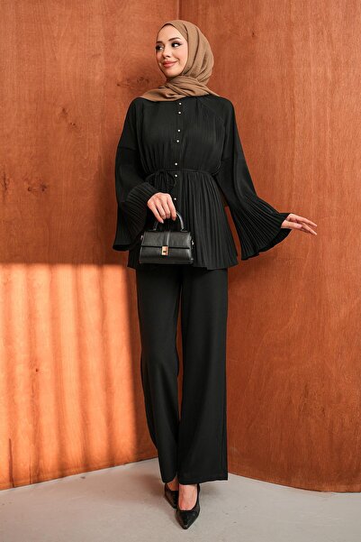 İmajButik طقم تونيك أسود مطوي بياقة هاكيوم مع بنطلون كريب