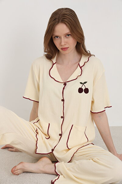 ELİTOL Bürümcük din material subțire Set de pijamale pentru femei cu mâneci s...