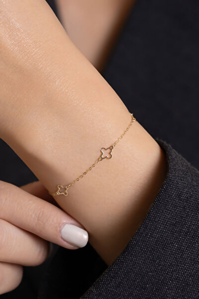 Bayar Gold 14 Ayar Altın İçi Boş Yonca Bileklik + 2 cm Uzatmalı
