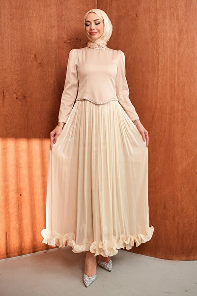 İmajButik Beige Stone Detailed Satin Pleated Evening Dress