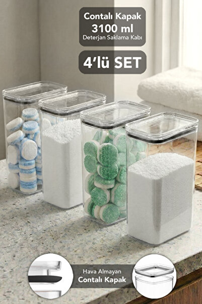 Meleni Home 4'lü Pure Deterjan Saklama Kutusu Seti - Hava Almaz Kapak Toz ve ...
