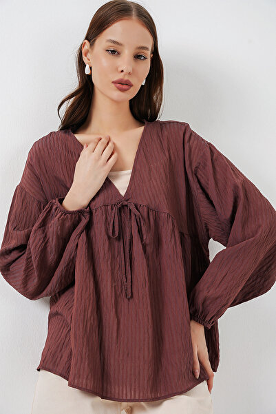 Bigdart Women's Front Lace-Up Long Sleeve Blouse 946 - Brown