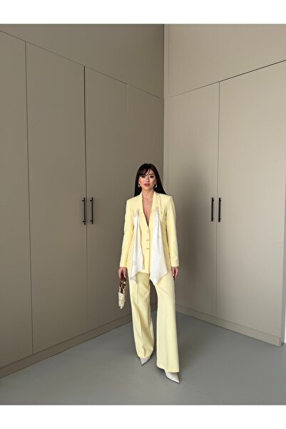 LOVELF Fular Detay Gold Düğmeli Bol Paça Takım Limon