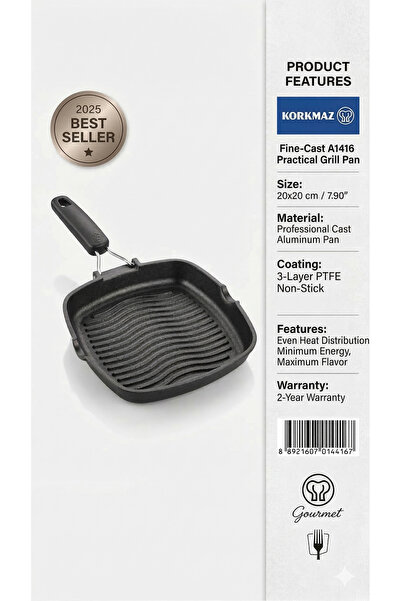 korkmaz züccaciye Korkmaz A1416 Fine-Cast Practical Grill Pan 20x20 cm / 7.90''