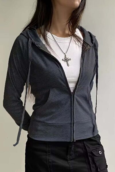 None Wear Füme 3 İplik Şardonsuz Y2K Unisex Hırka