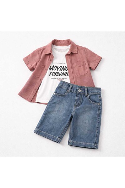 Butik Erkek Çocuk 3’lü Gömlekli Kot Şort Takım – Gül Kurusu & Denim