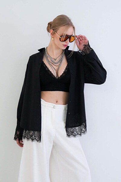 Trend Alaçatı Stili Women's Black Skirt and Cuffs Lace Detailed Oversized Pop...