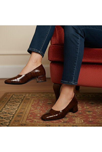 Platin Tan Patent Leather Crocodile Print Women's Heeled Shoes