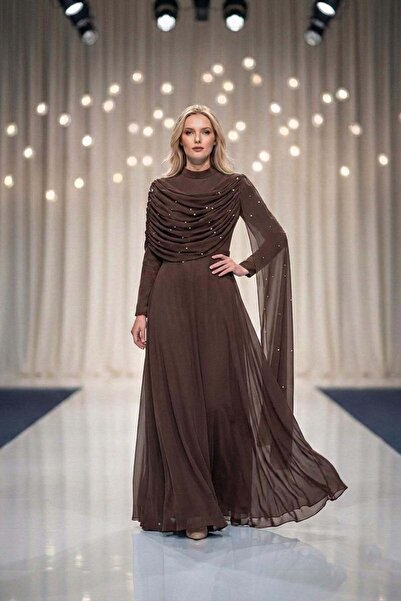 hakimoda Peri̇zade chiffon evening dress - coffee