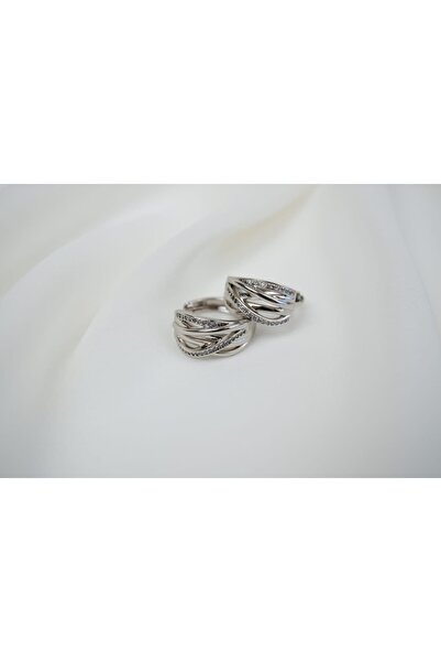 ATELİER TUĞBA Kp291 Cross Stone Silver Hoop Earrings (Diameter 14 mm)