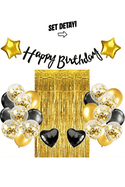 Bunloon Gold Siyah Doğum Günü Parti Süsleme Seti 27 Parça Banner Balon ve Ark...