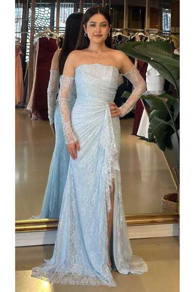 Abiyeniall Mavi Straplez Yaka Uzun Kollu Anvelop Yırtmaçlı Düz Kesim Likralı ...