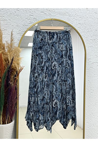 MİHRA STORE Reyhan Ασύμμετρη Φούστα Σιφόν με Έθνικ Σχέδιο-FA1077 Indigo