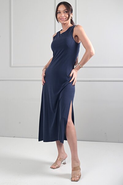 By Saygı Women's Round Neck Side Slit Slit Stretch Fabric Long Dress