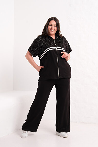 Şans Дамски спортен комплект в голям размер, черен, с качулка и цип, с ленти ...