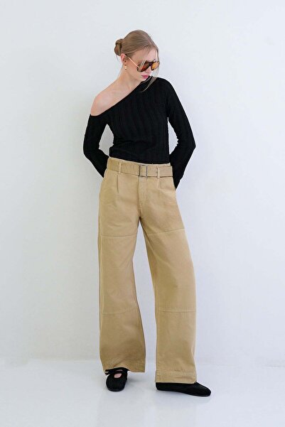 Trend Alaçatı Stili Woman beige Belt Detail jean pants alc-x15445