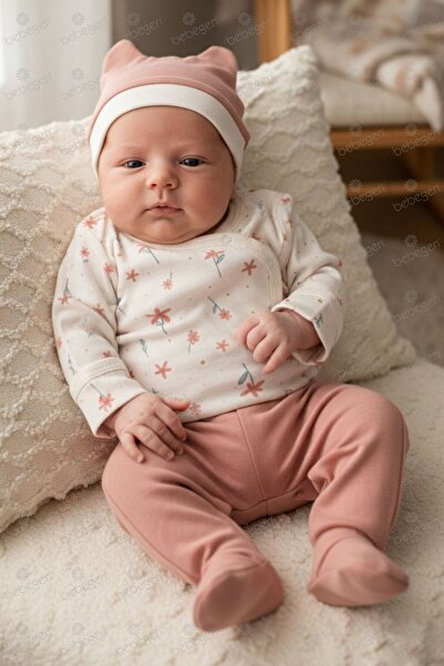 bebegen Baby Girl Ecru Pink Floral Print Snap-Back Berets 3-Piece Set 0-3 Months