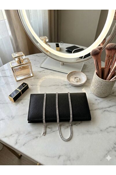 Zaman Kutusu Women's Black Wallet and Silver Color Baguette Stone Necklace-Br...