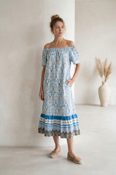 LAbute Bohemian Style Madonna Collar Pocketed Summer Dress
