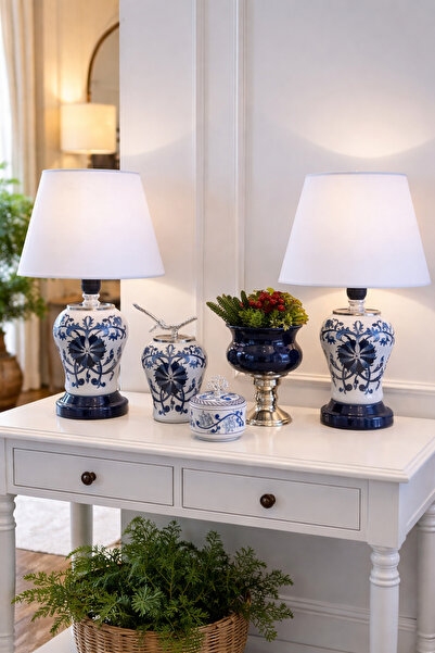 ferayhome Salon Seti Abajur Aydınlatma ve Dekoratif Obje Mavi Çiçekli Desen G...