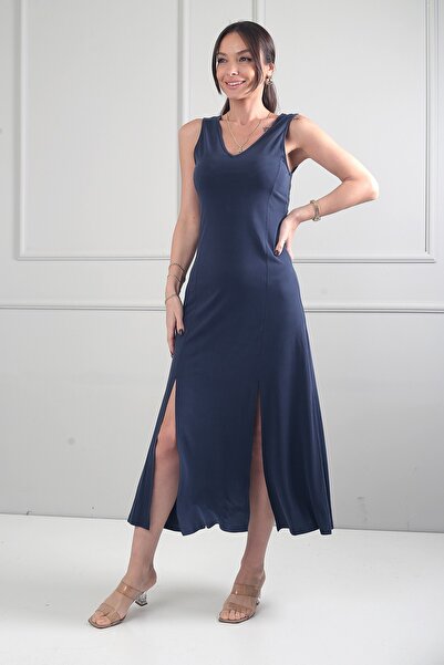 By Saygı Women's Front Back V-Neck Front Slit Stretch Fabric Long Dress