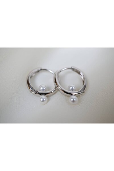 ATELİER TUĞBA Kp305 Mini-Mail Pearl Detail Hoop Earrings Silver (Diameter 12 mm)