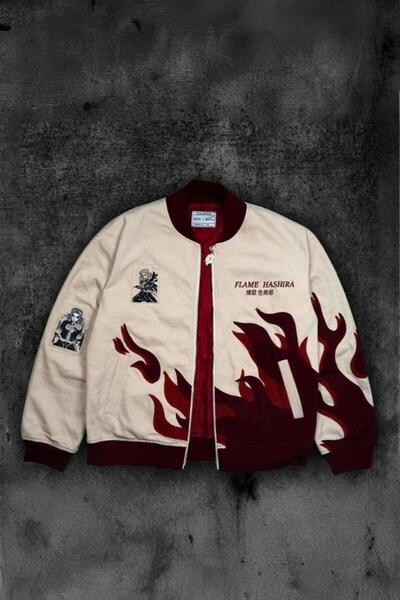 None Wear Bej Anime Flame Hashira Kyojuro Rengoku Unisex Bomber Ceket